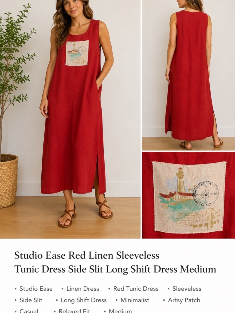 Studio Ease Red Linen Artsy Tunic Lagenlook Vintage Side Slit Shift Coastal Boho